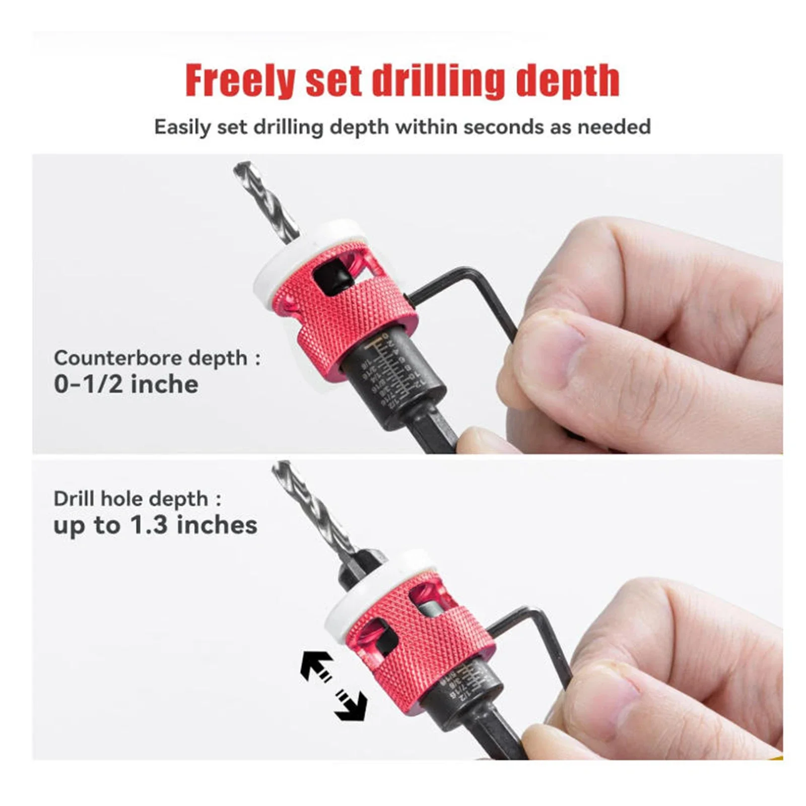High Speed Steel Countersink Drill Bit Tool with Adjustable Depth Stop Limit Ring 5 Piece Set for Wood and MDF
High Speed Steel Countersink Drill Bit Tool with Adjustable Depth Stop Limit Ring 5 Piece Set for Wood and MDF