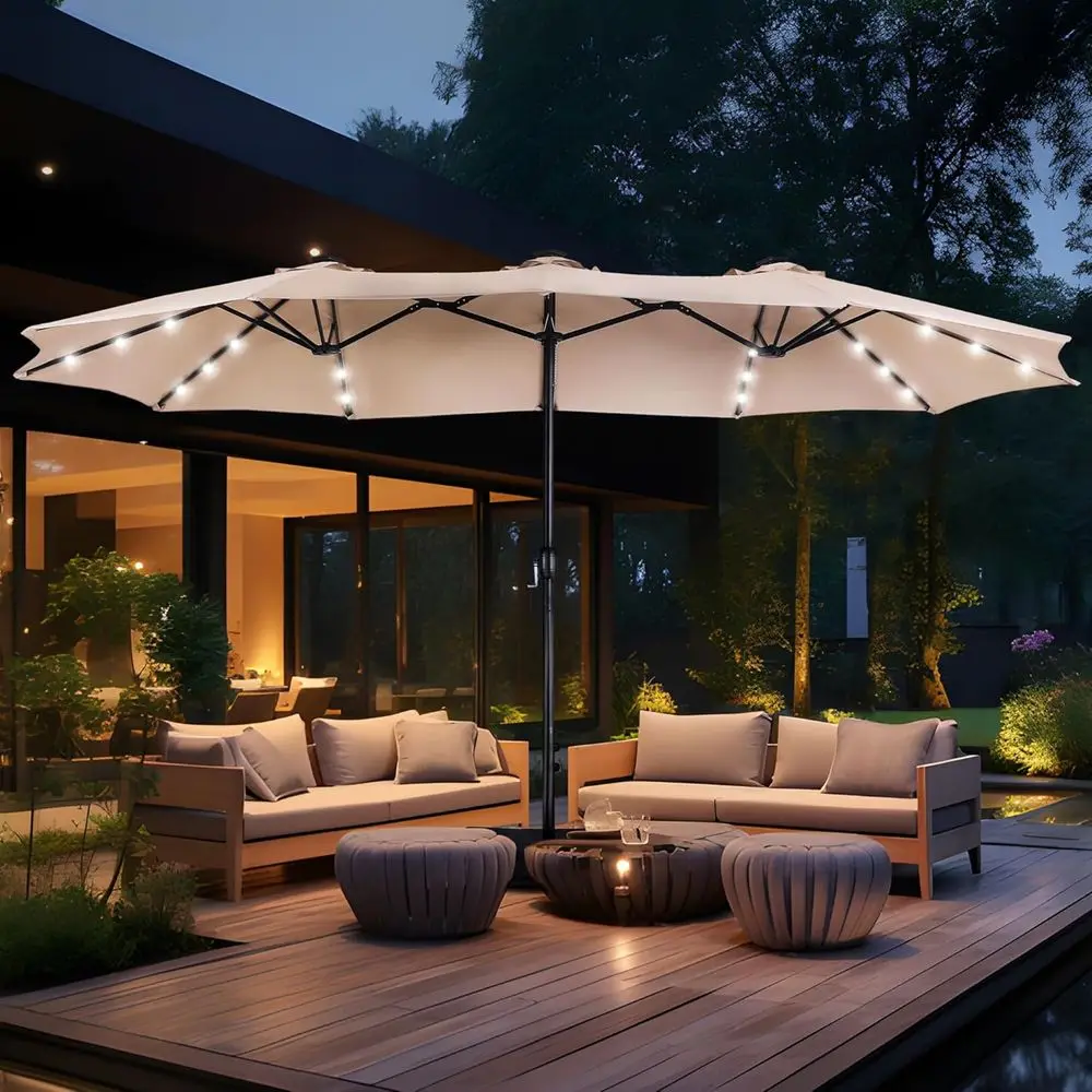 15ft Double-Sided Patio Umbrella with 36 LED Lights, Large Outdoor Umbrella with Crank and Base, Beige
15ft Double-Sided Patio Umbrella with 36 LED Lights, Large Outdoor Umbrella with Crank and Base, Beige