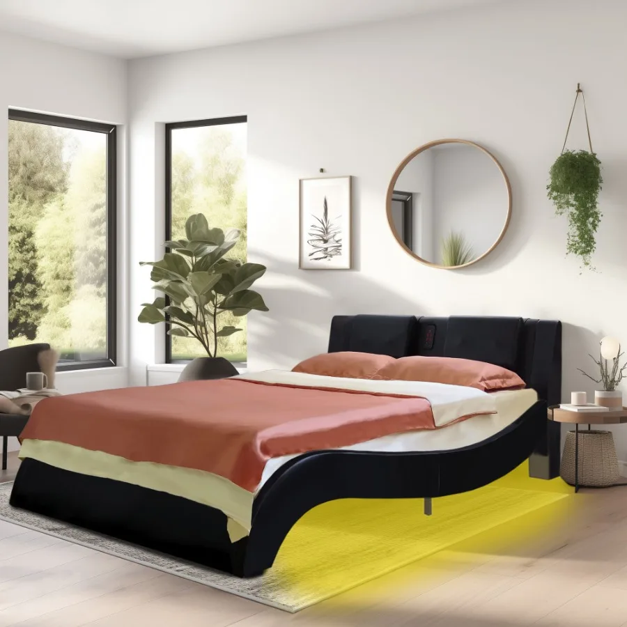 Faux Leather Upholstered Platform Bed Frame with led lighting Bluetooth connection to play music control Backrest vibration mas
Faux Leather Upholstered Platform Bed Frame with led lighting Bluetooth connection to play music control Backrest vibration mas