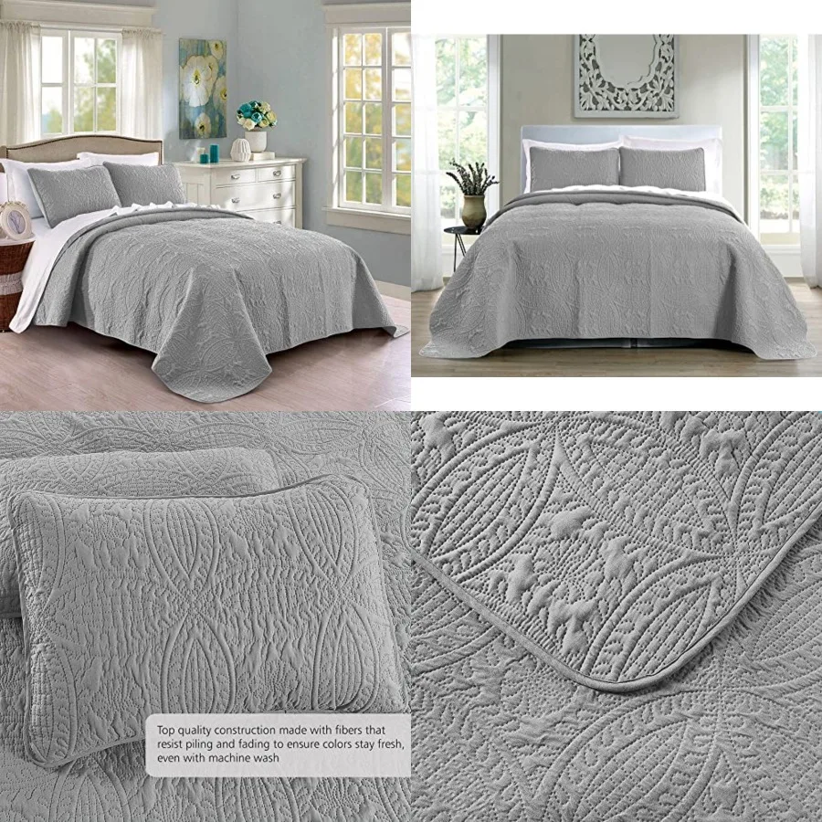 Quilt Set Full/Queen Size Light Grey - Oversized Bedspread - Soft Microfiber Lightweight Coverlet for All Season - 3 Piece Includes 1 Quilt and 2 Shams, Geometric Pattern
Quilt Set Full/Queen Size Light Grey - Oversized Bedspread - Soft Microfiber Lightweight Coverlet for All Season - 3 Piece Includes 1 Quilt and 2 Shams, Geometric Pattern