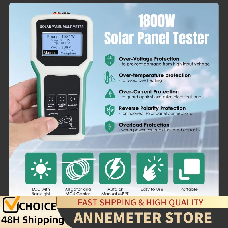 1800W Solar Panel Tester & Power Meter Measuring Range (5~1800W, 20~120V, 0~60A) MPPT Photovoltaic Solar Panel Multimeter
1800W Solar Panel Tester & Power Meter Measuring Range (5~1800W, 20~120V, 0~60A) MPPT Photovoltaic Solar Panel Multimeter