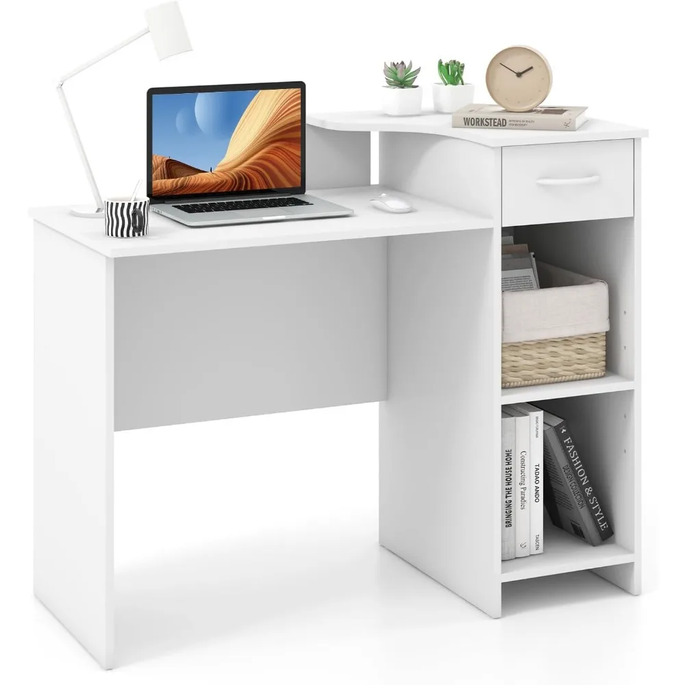 Computer Desk with Storage, Modern PC Laptop Table with 5-Position Adjustable Shelf, Drawer & Cable Hole, Compact Study