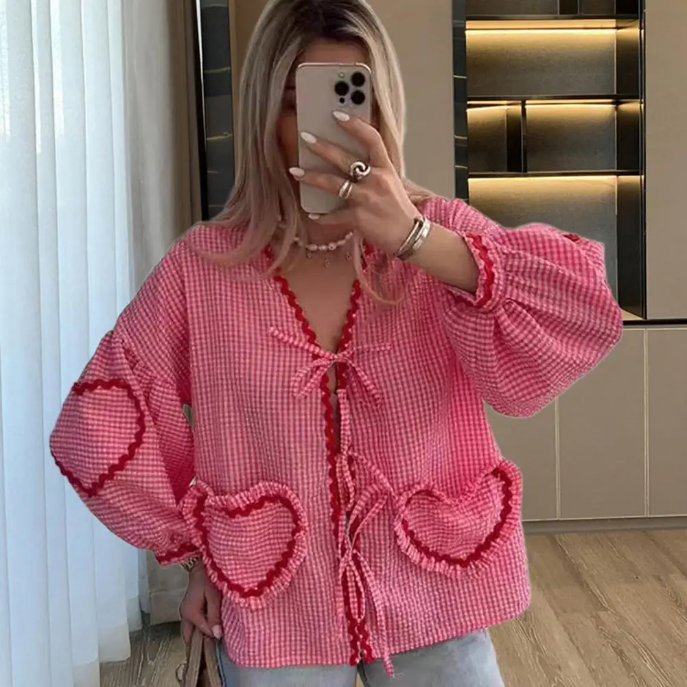 Plaid Front Lace Shirt Plaid Print V-neck Lantern Sleeve Women's Shirt With Front Tie Heart Decor Loose Fit Streetwear Top Women
Plaid Front Lace Shirt Plaid Print V-neck Lantern Sleeve Women's Shirt With Front Tie Heart Decor Loose Fit Streetwear Top Women