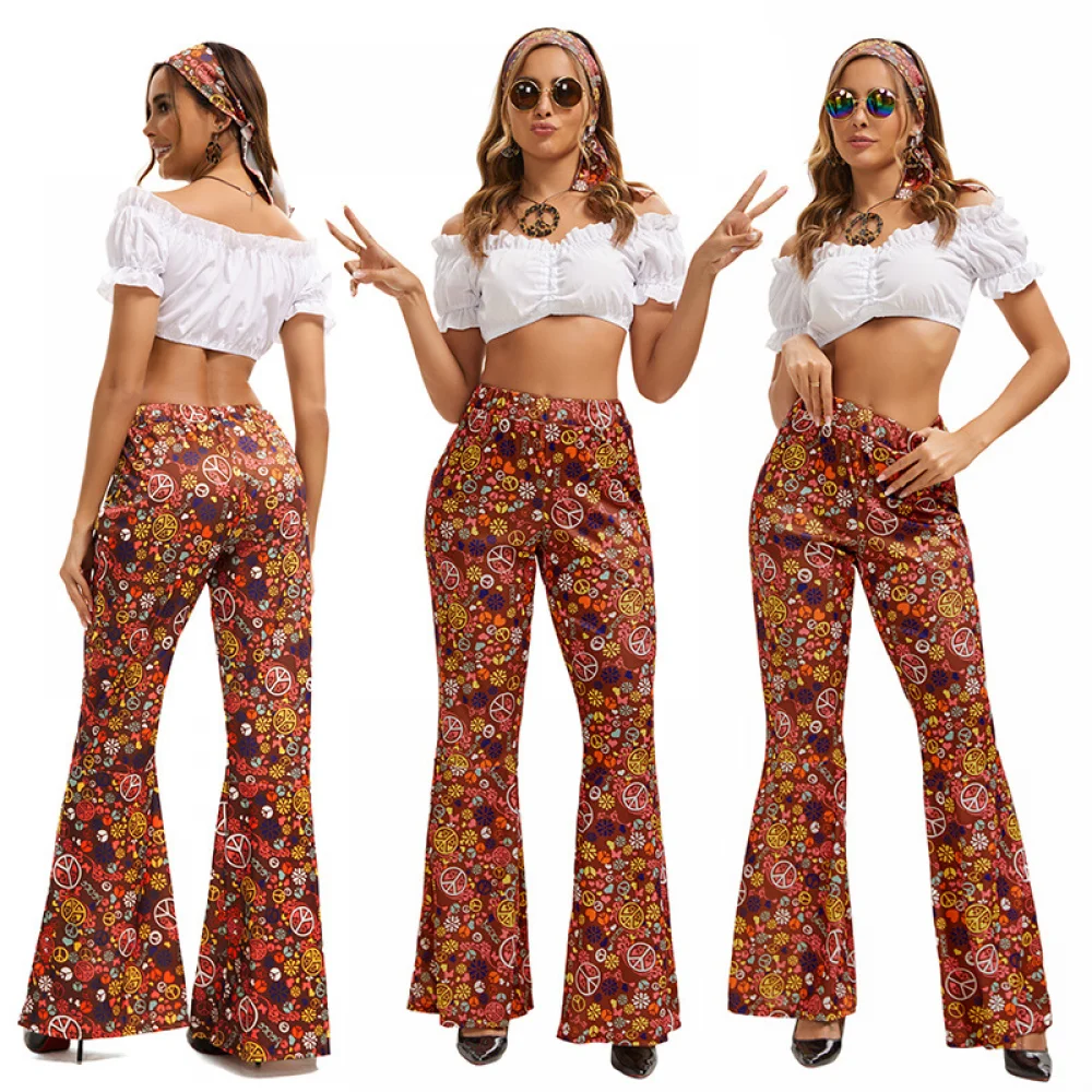 Women's Hippie 80S 90SClothing Fashion Wide Leg Flared Pants Color Contrast Printed Trousers Turban for Halloween Party
Women's Hippie 80S 90SClothing Fashion Wide Leg Flared Pants Color Contrast Printed Trousers Turban for Halloween Party