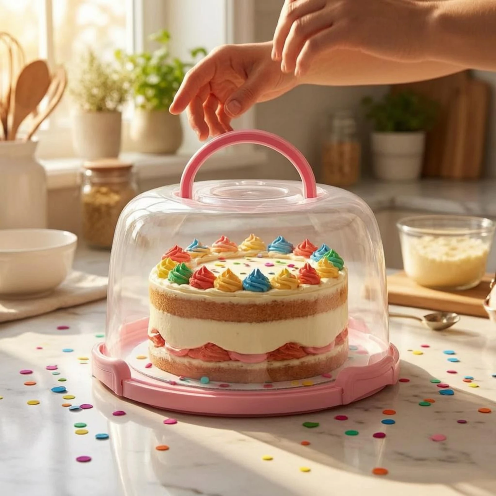 Clear Cake Keeper Top Handle Cake Container Dessert Carrier 3-Clip Closure Transparent
Clear Cake Keeper Top Handle Cake Container Dessert Carrier 3-Clip Closure Transparent