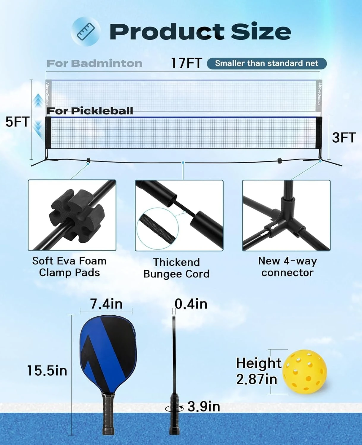 Set with Net, Paddles Set of 4, Portable Net for Driveway, Lightweight Rackets, 4 Outdoor Balls, 1 Storage Bag
Set with Net, Paddles Set of 4, Portable Net for Driveway, Lightweight Rackets, 4 Outdoor Balls, 1 Storage Bag