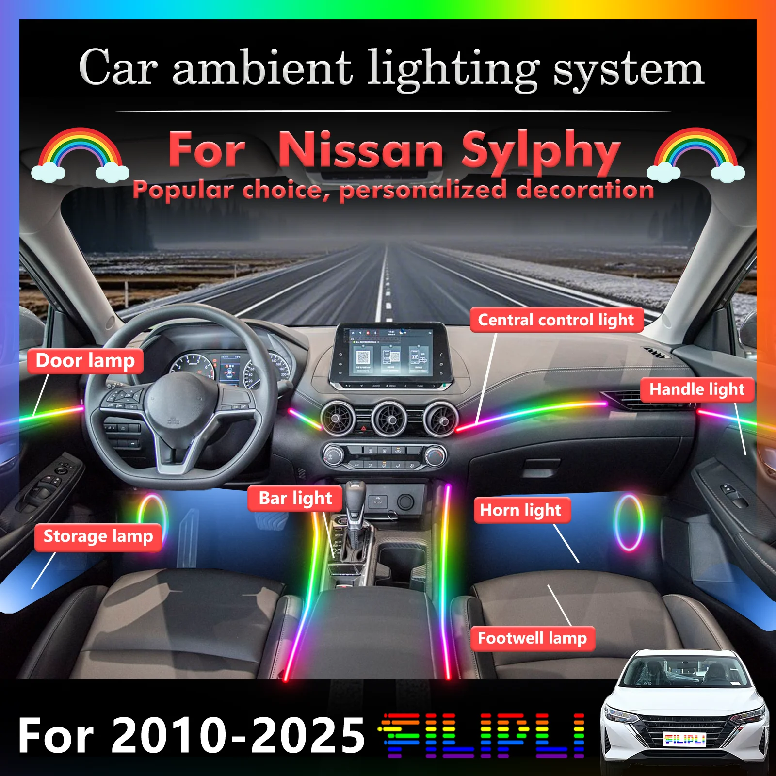 For Nissan Sylphy Smart Remote Control RGB 64 Colors LED Car Interior Ambient Light Energy Saving Efficient Lamp Kit
For Nissan Sylphy Smart Remote Control RGB 64 Colors LED Car Interior Ambient Light Energy Saving Efficient Lamp Kit