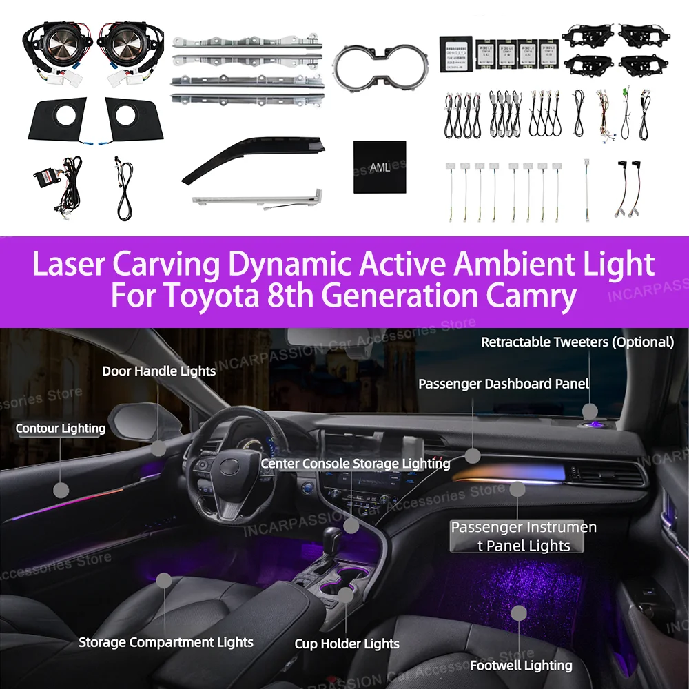 64 Colors Laser Carving Dynamic Active Ambient Light For Toyota 8th Generation Camry, Camry Interior Lighting Upgrade
64 Colors Laser Carving Dynamic Active Ambient Light For Toyota 8th Generation Camry, Camry Interior Lighting Upgrade