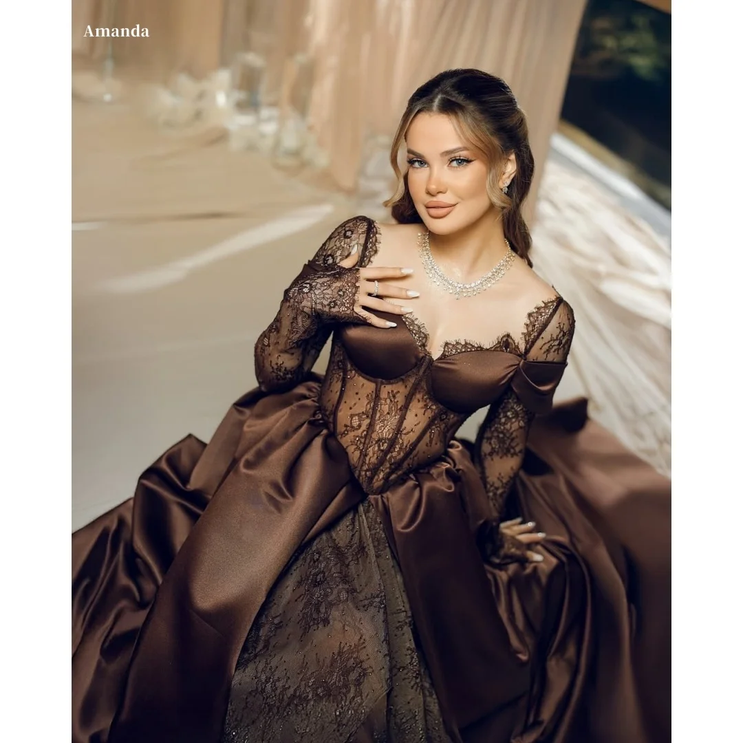 Amanda Customized Dark Brown Lace Long Sleeve V-Neck Prom Dress Satin Ball Gown vestidos de noche Elegant Formal Evening 2025
Amanda Customized Dark Brown Lace Long Sleeve V-Neck Prom Dress Satin Ball Gown vestidos de noche Elegant Formal Evening 2025