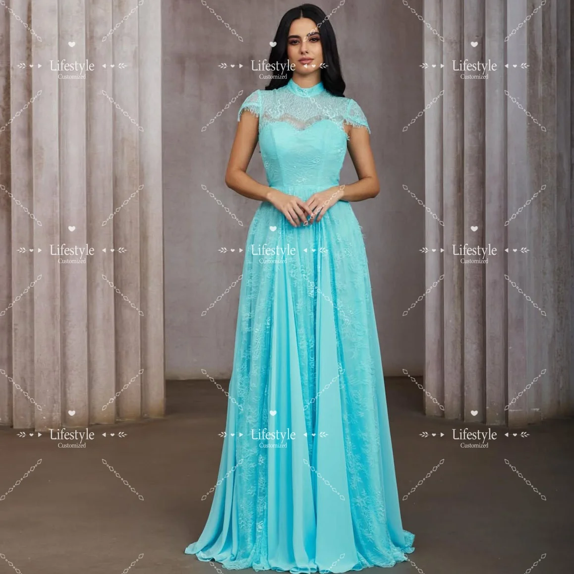 Customized Turquoise Lace High Neck Prom Gown Short Sleeve Chiffon A-line Evening Dresses 2026 Gorgeous Party Dress
Customized Turquoise Lace High Neck Prom Gown Short Sleeve Chiffon A-line Evening Dresses 2026 Gorgeous Party Dress
