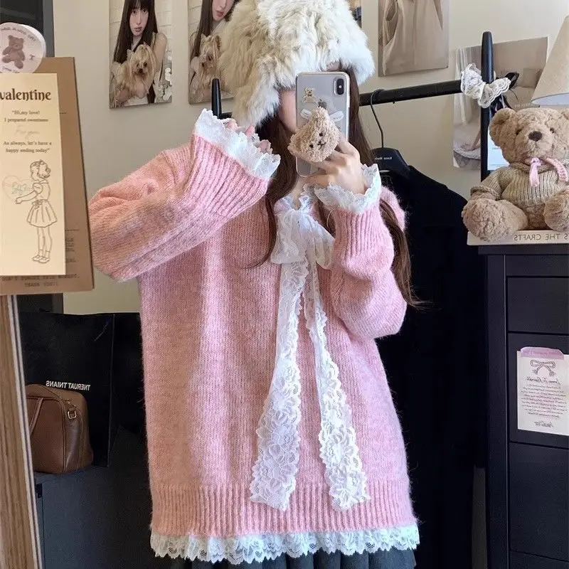 Bow Lace-up Knitted Top Women Sweet Patchwork Lace Ruffled V-Neck Sweater Knitwear Autumn Winter Fashionable Korean Pullovers
Bow Lace-up Knitted Top Women Sweet Patchwork Lace Ruffled V-Neck Sweater Knitwear Autumn Winter Fashionable Korean Pullovers