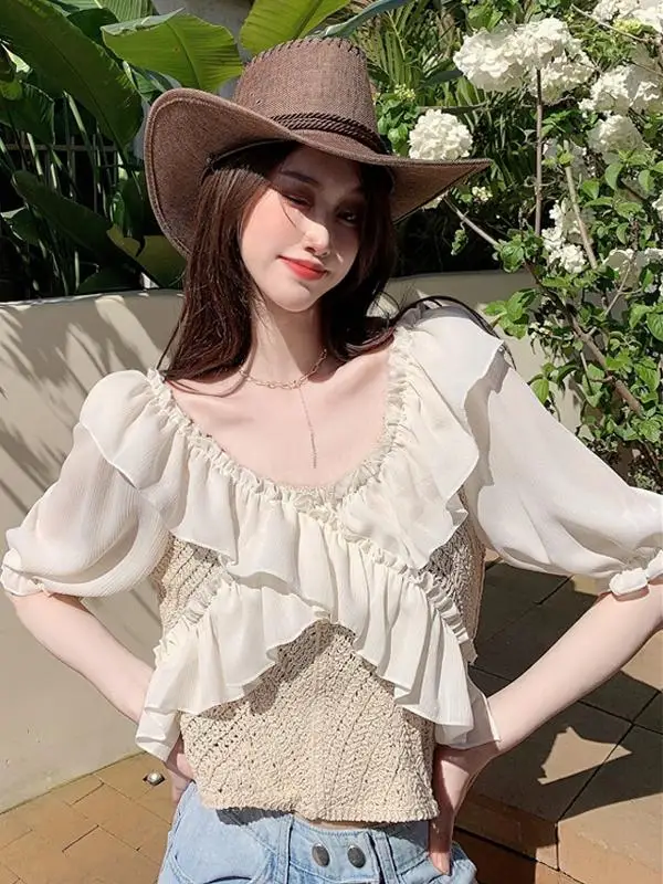 Elegant V-Neck Half Sleeve Chiffon Ruffle Shoulder Women's Top Summer Design Sensation Sweet Style Pure Color Bubble Sleeve
Elegant V-Neck Half Sleeve Chiffon Ruffle Shoulder Women's Top Summer Design Sensation Sweet Style Pure Color Bubble Sleeve