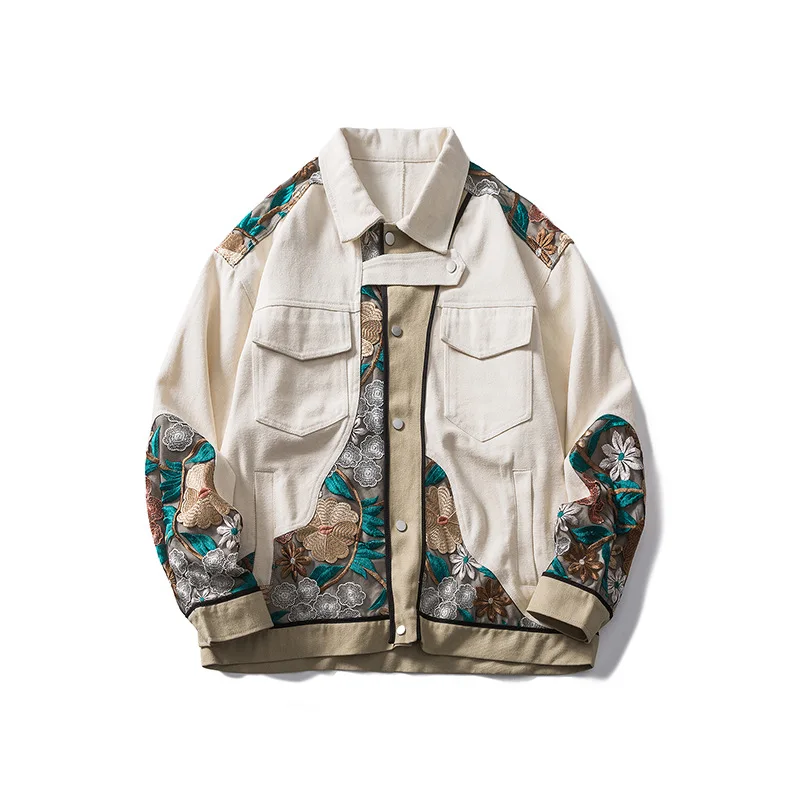 Vintage Floral Embroidery Patchwork Men Apricot Jacket Casual Turn Down Collar 2024 Spring Hip Hop Mens Loose Coat
Vintage Floral Embroidery Patchwork Men Apricot Jacket Casual Turn Down Collar 2024 Spring Hip Hop Mens Loose Coat