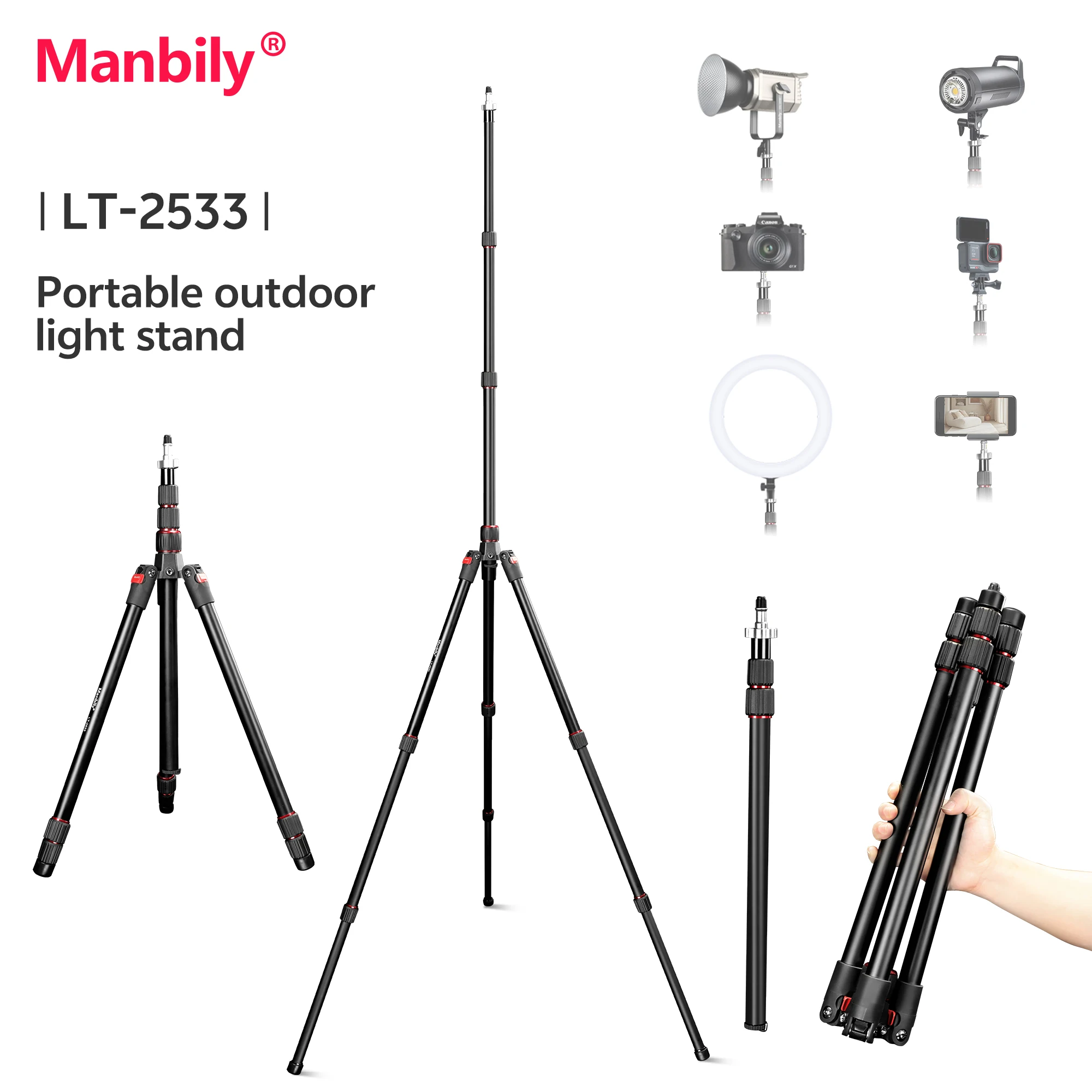 Manbily LT-2533 Portable Light Stand 510mm Aluminum Camera Tripod 3 Sections for Digital DSLR SONY Max.Load 5kg
Manbily LT-2533 Portable Light Stand 510mm Aluminum Camera Tripod 3 Sections for Digital DSLR SONY Max.Load 5kg