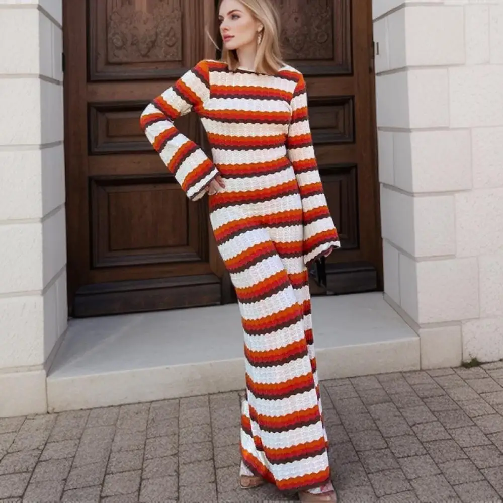 Women Cotton Knitted Backless Flared Sleeve Maxi Dresses Vestidos Y2K Striped Contrast Color Beach Vacation Sexy Long Dress
Women Cotton Knitted Backless Flared Sleeve Maxi Dresses Vestidos Y2K Striped Contrast Color Beach Vacation Sexy Long Dress