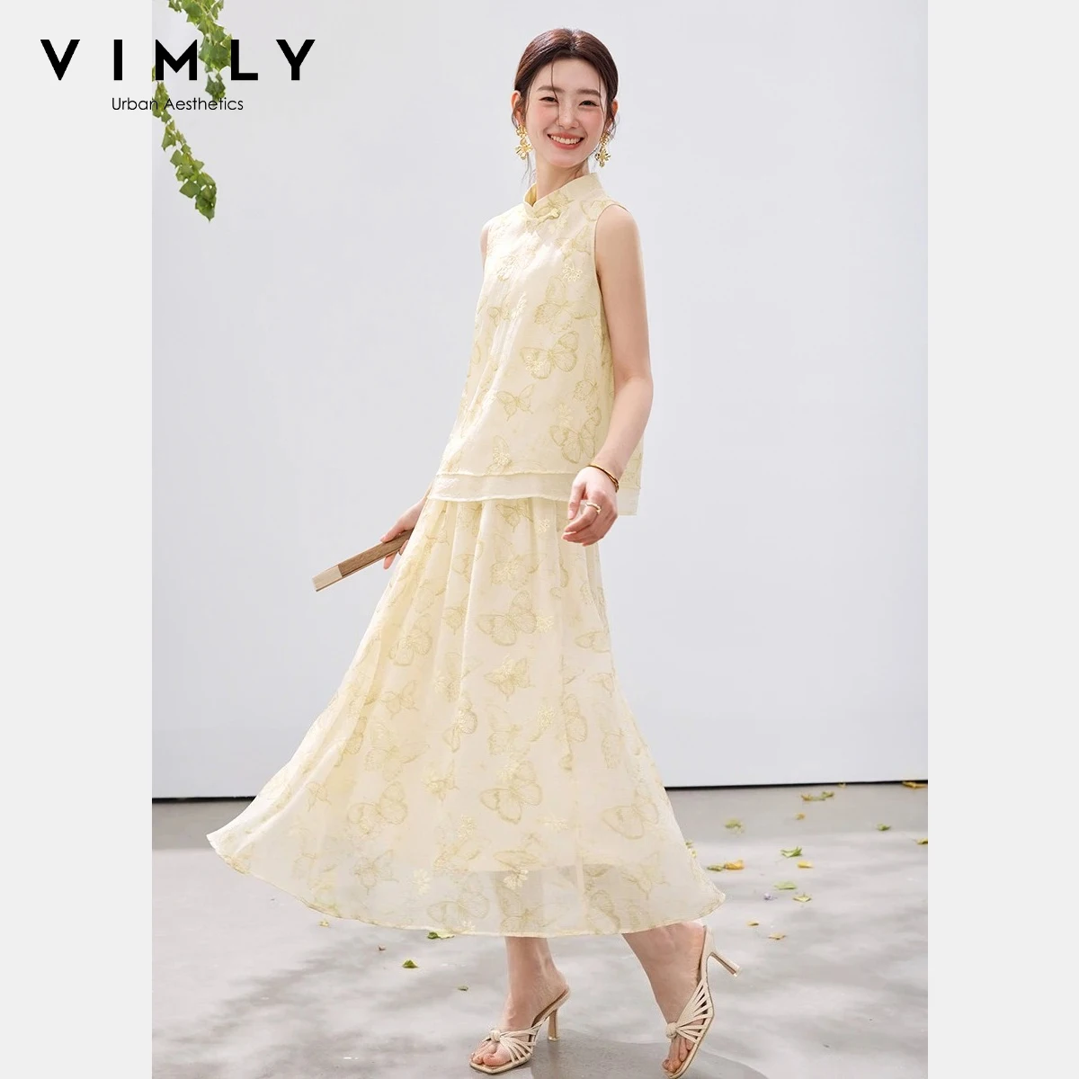 VIMLY Women's Chinese Style Butterfly Jacquard Embroidery Skirt Set Faux Layered Sleeveless Top Midi Skirt 2 Piece Outfit A5219
VIMLY Women's Chinese Style Butterfly Jacquard Embroidery Skirt Set Faux Layered Sleeveless Top Midi Skirt 2 Piece Outfit A5219