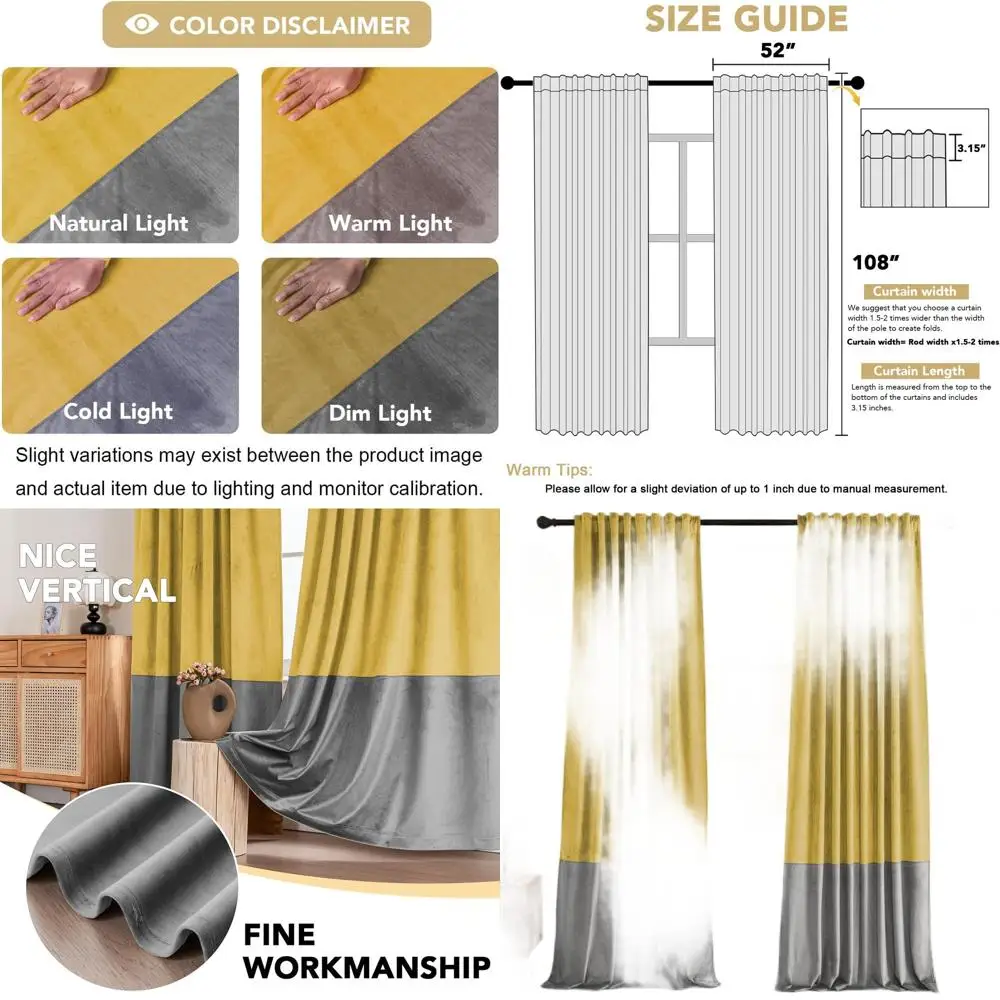 Thermal Insulated Velvet Patchwork Curtains, Soundproof & Darkening, 2 Panels, Yellow/Grey, 52x108 for Living/Bedroom
Thermal Insulated Velvet Patchwork Curtains, Soundproof & Darkening, 2 Panels, Yellow/Grey, 52x108 for Living/Bedroom
