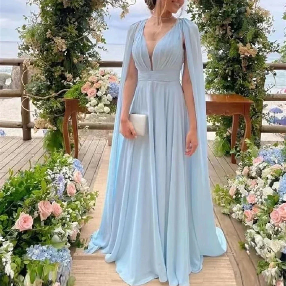 Long Evening Dresses Maid Of Honor Sexy V-Neck Chiffon Mother of the Bride Dresses Party Gowns With Streamer Cape
Long Evening Dresses Maid Of Honor Sexy V-Neck Chiffon Mother of the Bride Dresses Party Gowns With Streamer Cape