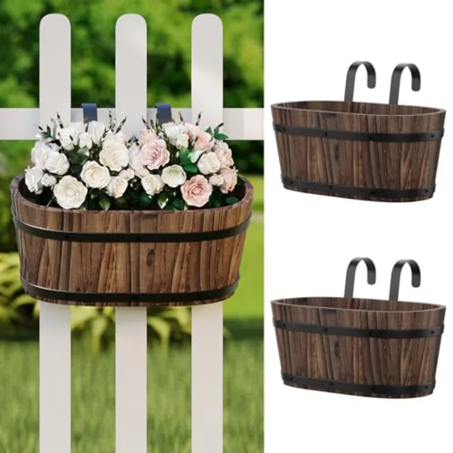 Hanging Wooden Flower Pots 2 Pack, Railing Planter for Balcony Porch Deck, Carbonized Wood, Natural Brown, Detachable Hooks Cou
Hanging Wooden Flower Pots 2 Pack, Railing Planter for Balcony Porch Deck, Carbonized Wood, Natural Brown, Detachable Hooks Cou