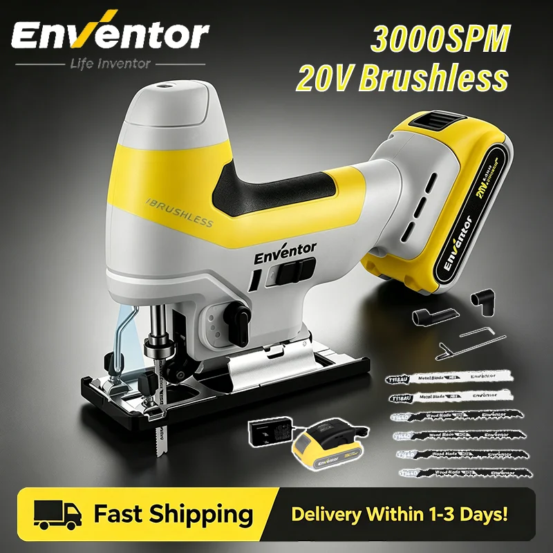 ENVENTOR Brushless Jig Saw 20V Cordless Jigsaw LED Light 3000SPM 6 Variable Speeds Cutting ±45° 6Pcs Blades for Woodworking DIY
ENVENTOR Brushless Jig Saw 20V Cordless Jigsaw LED Light 3000SPM 6 Variable Speeds Cutting ±45° 6Pcs Blades for Woodworking DIY