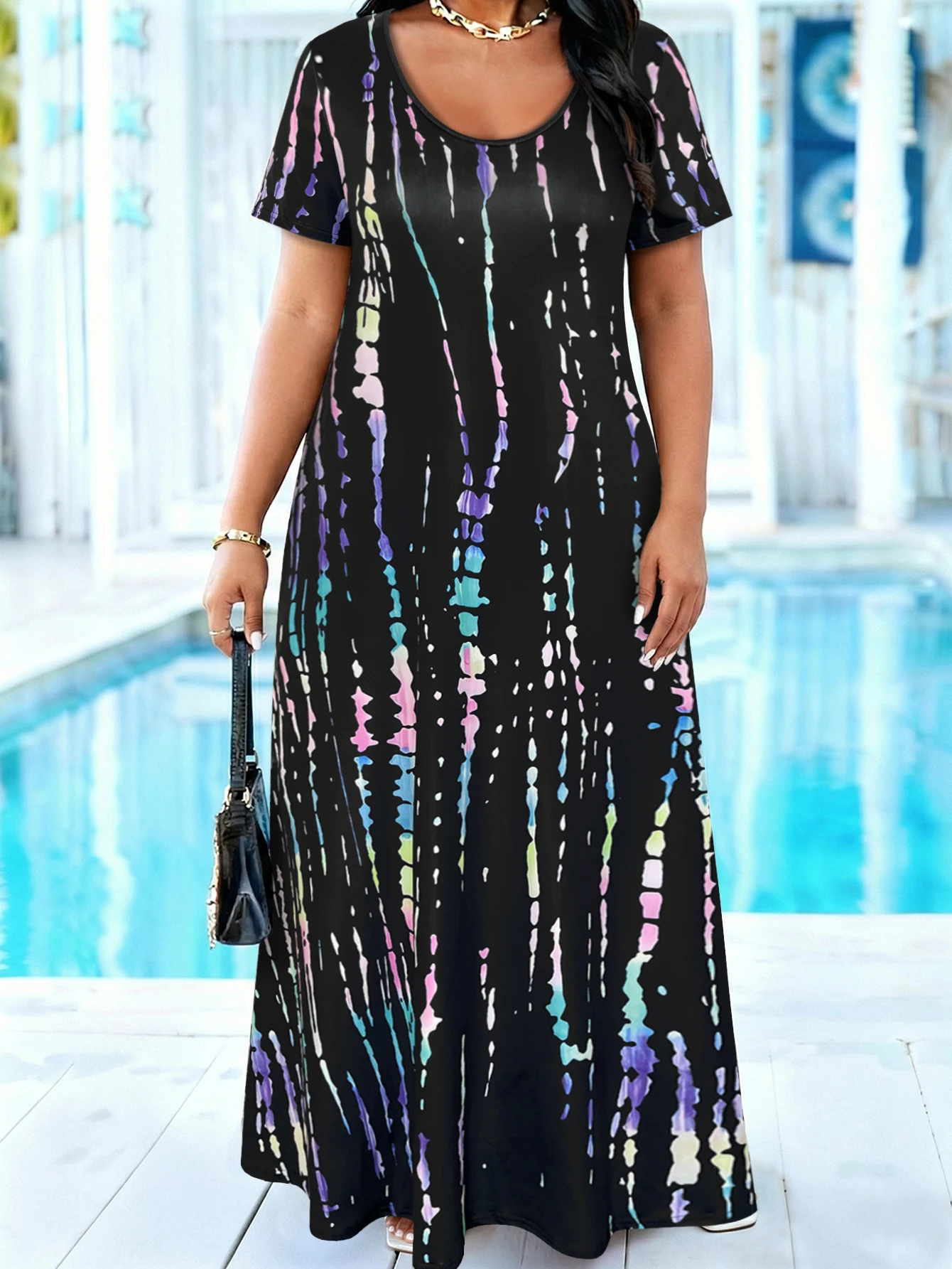 Plus Size Black Multicolor Vertical Streak Print Short Sleeve Maxi Dress, Round Neck Loose Casual Sundress With Side Pockets
Plus Size Black Multicolor Vertical Streak Print Short Sleeve Maxi Dress, Round Neck Loose Casual Sundress With Side Pockets