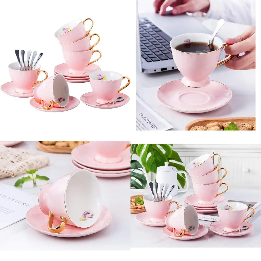Pink Porcelain 6-Piece Tea and Coffee Cup Set with Saucers and Spoons, 7oz
Pink Porcelain 6-Piece Tea and Coffee Cup Set with Saucers and Spoons, 7oz