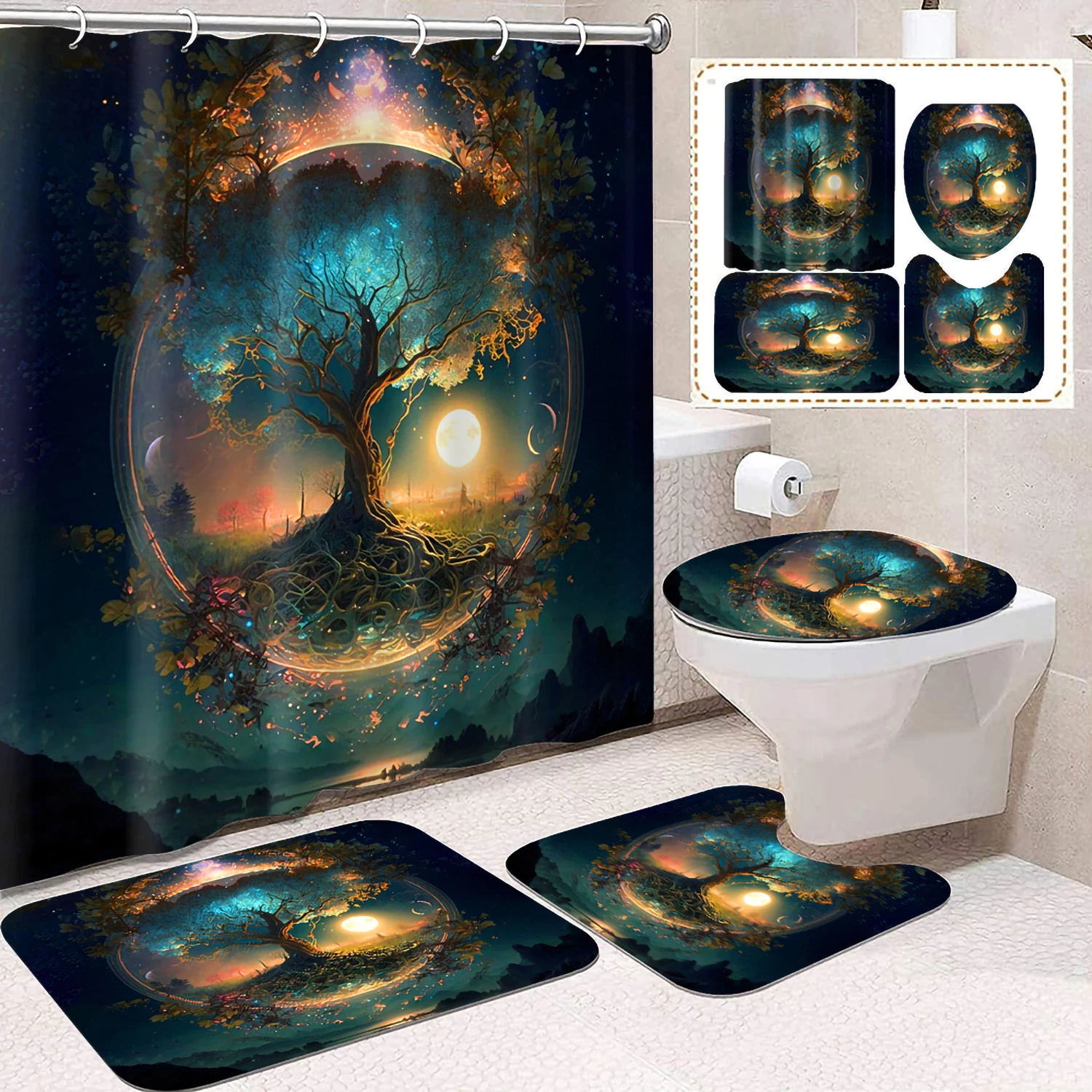 4-piece set of Moon Night Life Tree printed waterproof shower curtain, with 12 hooks and bathroom floor mats
4-piece set of Moon Night Life Tree printed waterproof shower curtain, with 12 hooks and bathroom floor mats