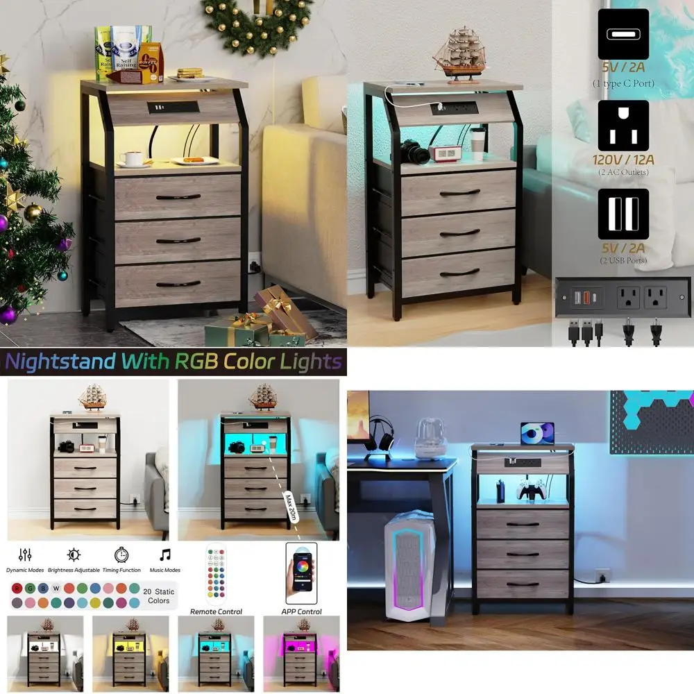 3-Drawer End Table, LED-lit Nightstand with Charging Station, Fabric-Storage Small Side Table, Farmhouse Style Bedside Table for
3-Drawer End Table, LED-lit Nightstand with Charging Station, Fabric-Storage Small Side Table, Farmhouse Style Bedside Table for