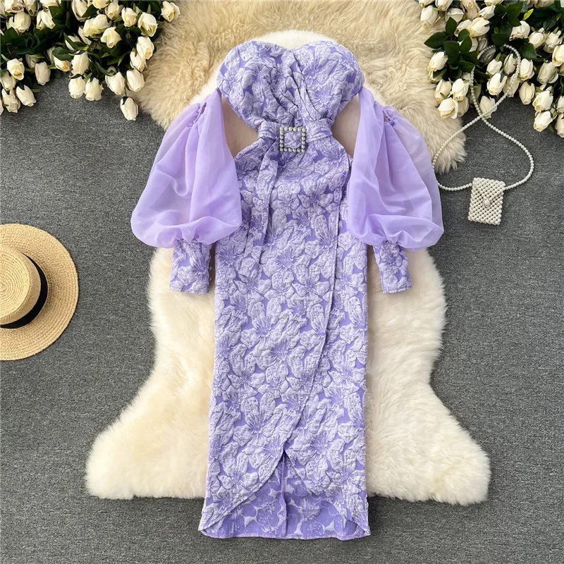 Luxury Design Elegant Evening Dress Women Lantern Sleeve Jacquard Strapless Dress Formal Party Mother's Midi Dress Purple
Luxury Design Elegant Evening Dress Women Lantern Sleeve Jacquard Strapless Dress Formal Party Mother's Midi Dress Purple