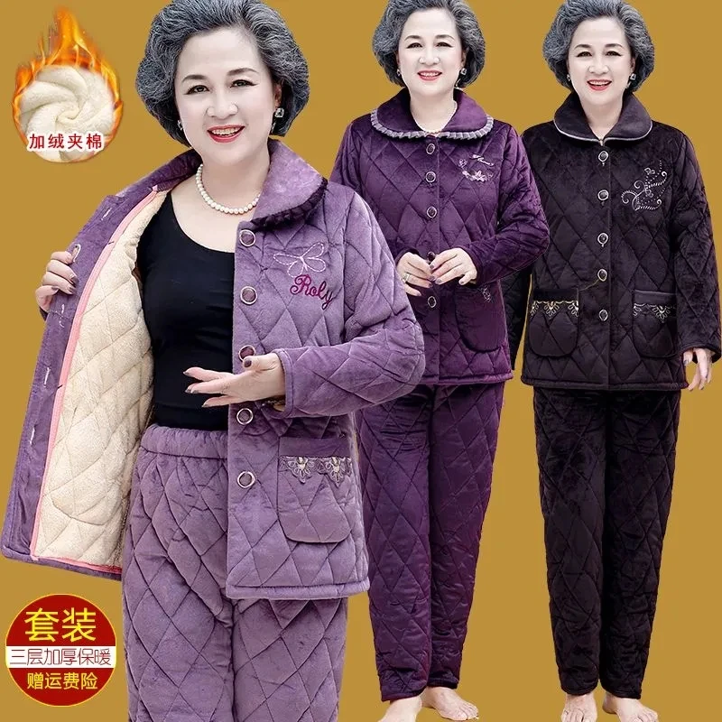 Winter Pajamas Sets Women's Three-layer Thick Velvet Warm Home Clothes Suit Middle-aged Mother Coral Fleece Cotton-Padded Jacket
Winter Pajamas Sets Women's Three-layer Thick Velvet Warm Home Clothes Suit Middle-aged Mother Coral Fleece Cotton-Padded Jacket