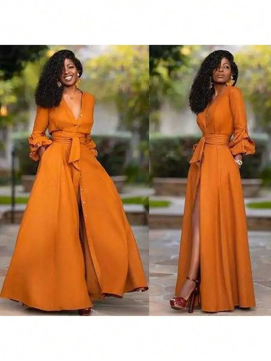 Rust Orange V-Neck Maxi With Dramatic Puffed Sleeves, Front Button Placket, High Side Split, And Removable Sash Belt
Rust Orange V-Neck Maxi With Dramatic Puffed Sleeves, Front Button Placket, High Side Split, And Removable Sash Belt