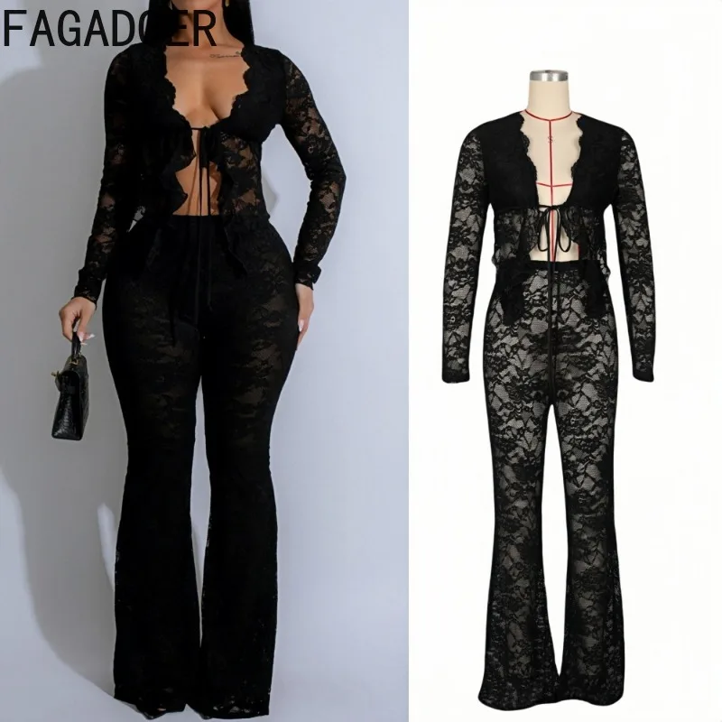 FAGADOER Sexy Lace Patchwork 2 Pieces Set for Woman Black See Through Lace Up Crop Top + Flare Pants Matching Outfit Streetwear
FAGADOER Sexy Lace Patchwork 2 Pieces Set for Woman Black See Through Lace Up Crop Top + Flare Pants Matching Outfit Streetwear