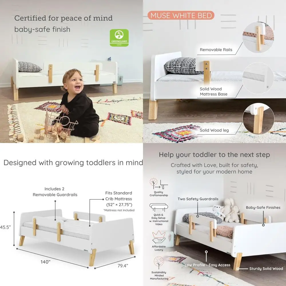 Toddler Bed with Removable Safety Rails, Low Profile, Solid Wood, Easy Assembly, Suitable for Boys & Girls - White
Toddler Bed with Removable Safety Rails, Low Profile, Solid Wood, Easy Assembly, Suitable for Boys & Girls - White
