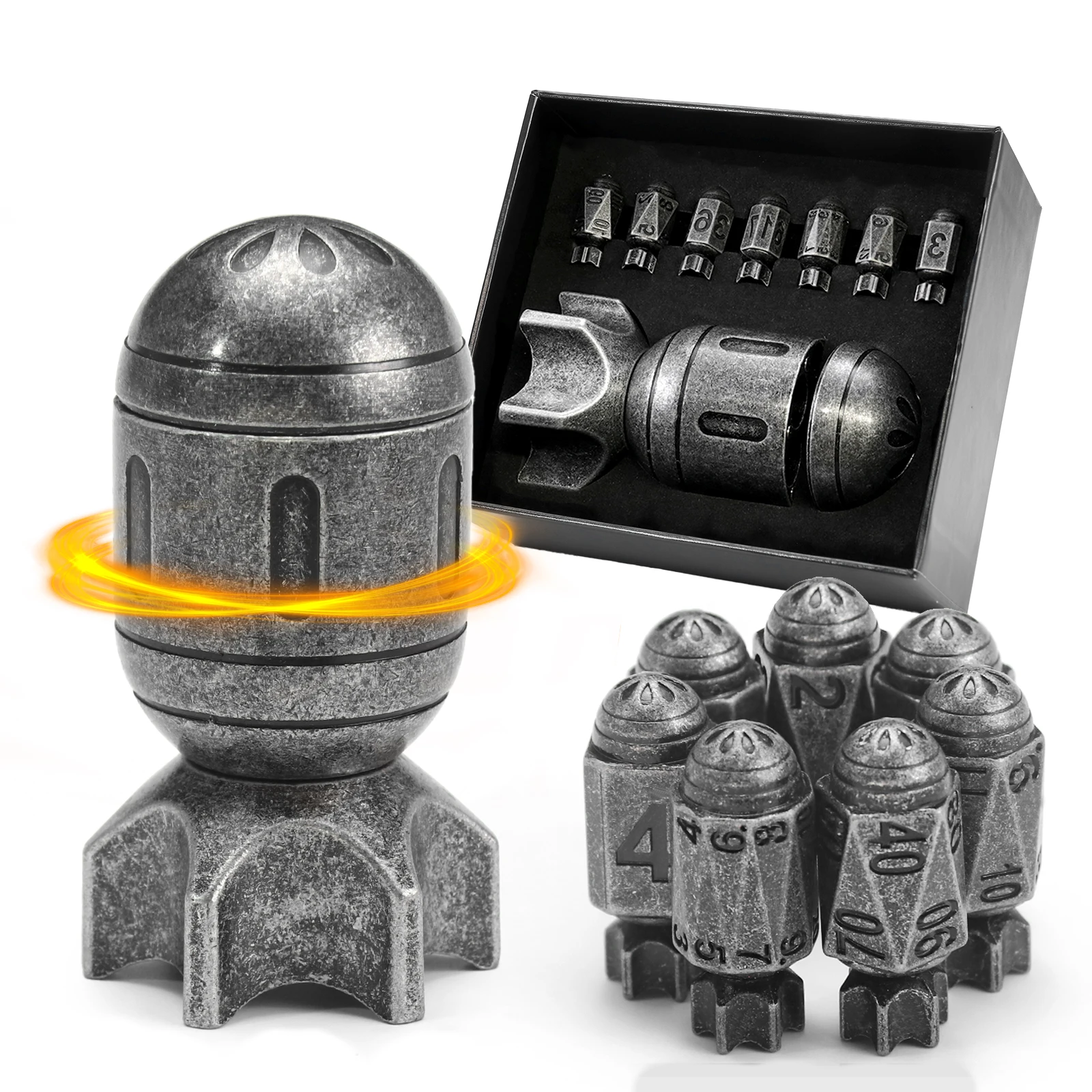 Missile Metal Dice Set DND of 7 with Spinning Missile Shaped Container
Missile Metal Dice Set DND of 7 with Spinning Missile Shaped Container