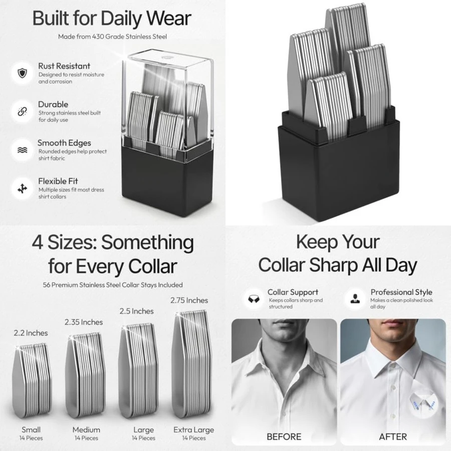 Collar Stays - 56-Piece Set in 4 Sizes with Precision Case – Gift for Sharp-Dressed Men,
Collar Stays - 56-Piece Set in 4 Sizes with Precision Case – Gift for Sharp-Dressed Men,