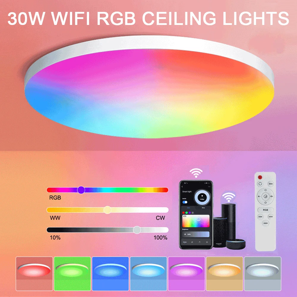 30W Modern RGB Ceiling Light Smart WIFI RGB Dimmable Led Ceiling Lamp Work With Alexa Google Home for Indoor Lighting Decoration
30W Modern RGB Ceiling Light Smart WIFI RGB Dimmable Led Ceiling Lamp Work With Alexa Google Home for Indoor Lighting Decoration