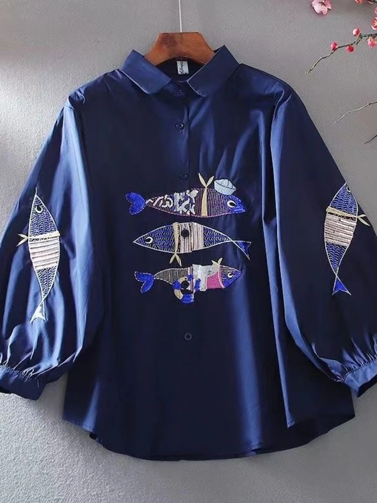 Fashion Elegant Shirts Turn Down Collar Lantern Sleeve Embroidery Single Breasted Blouses Casual Loose Design Women's Clothing
Fashion Elegant Shirts Turn Down Collar Lantern Sleeve Embroidery Single Breasted Blouses Casual Loose Design Women's Clothing