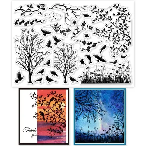 Timbres transparents en silicone avec silhouette de branche d'oiseau, tampons en caoutchouc transparent, arbres d'oiseaux, scrapbooking bricolage, album photo, 6,3x4,33 po, 1PC
