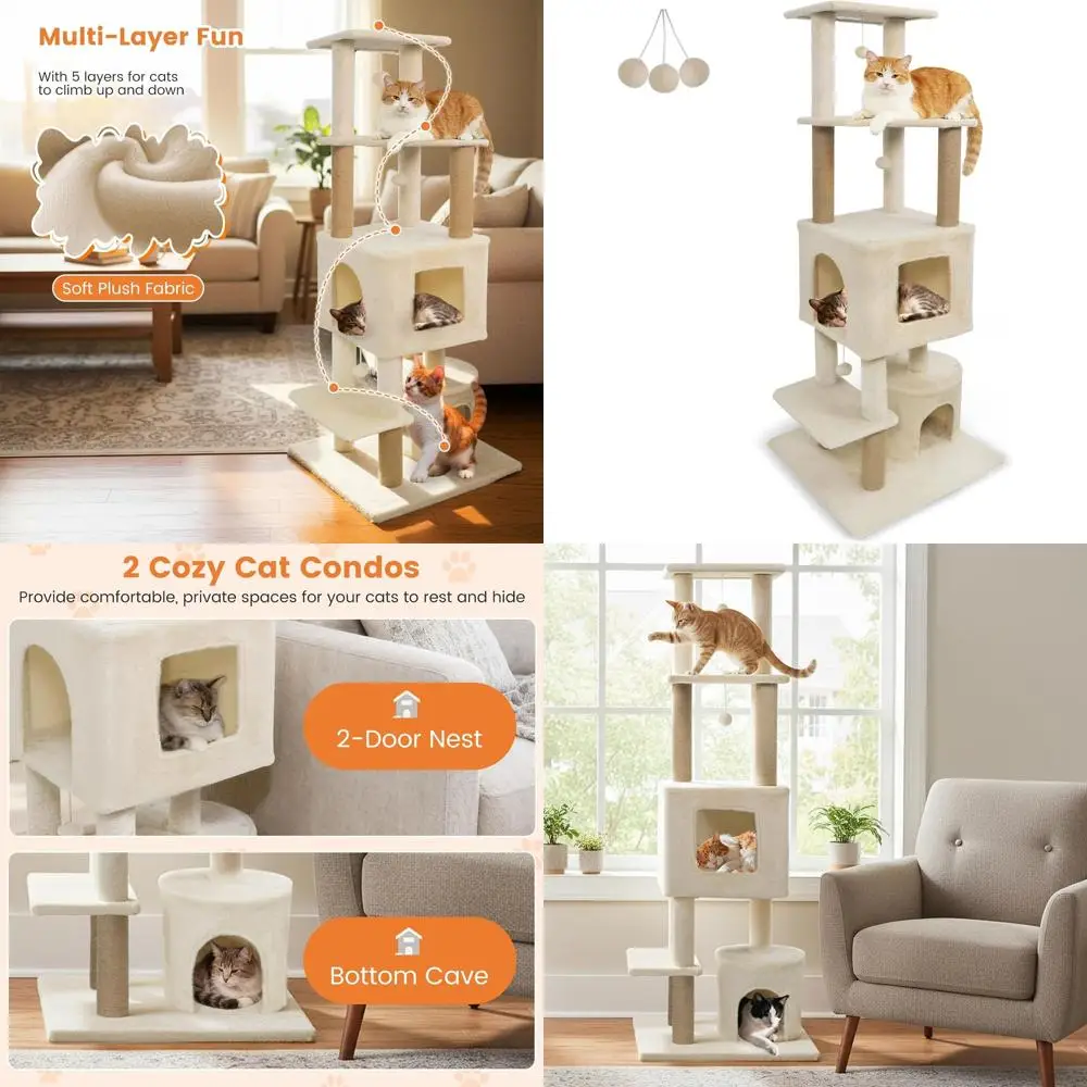 64 Tall Beige Cat Tower with 2 Condos, Jute Scratching, Plush Perch & Toys for Indoor Cats
64 Tall Beige Cat Tower with 2 Condos, Jute Scratching, Plush Perch & Toys for Indoor Cats