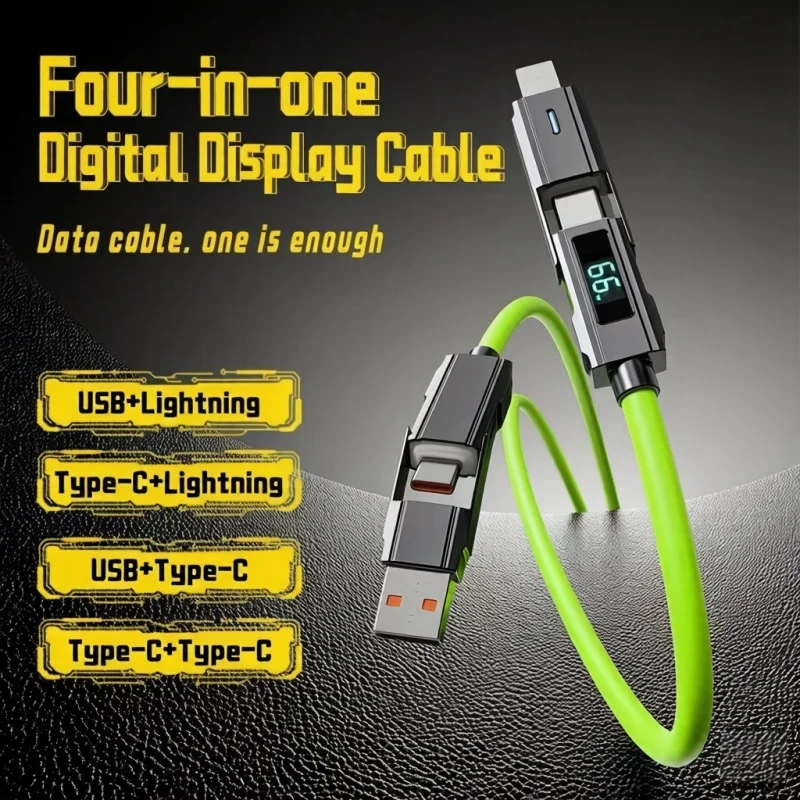66w Silicone 4 in 1 digital display USB data cable for iphone, PD 66W zinc alloy fast charging cable Type c with LED design
66w Silicone 4 in 1 digital display USB data cable for iphone, PD 66W zinc alloy fast charging cable Type c with LED design
