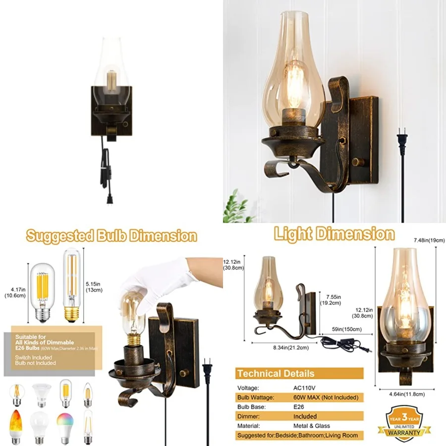 Plug in Wall Sconce, Bronze Wall Sconces, Retro Rustic Wall Lamps, Sconces Wall Lighting with Amber Glass, Indoor Vintage Bedsi
Plug in Wall Sconce, Bronze Wall Sconces, Retro Rustic Wall Lamps, Sconces Wall Lighting with Amber Glass, Indoor Vintage Bedsi