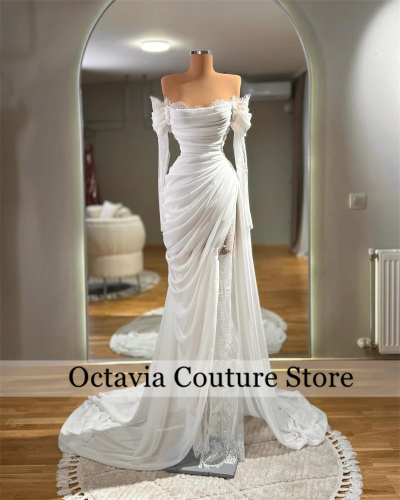 White Off Shoulder Wedding Gowns Lace Appliques Prom Dress Full Sleeve Birthday Party Dresses Pleat Robe Evening Gown Customized
White Off Shoulder Wedding Gowns Lace Appliques Prom Dress Full Sleeve Birthday Party Dresses Pleat Robe Evening Gown Customized