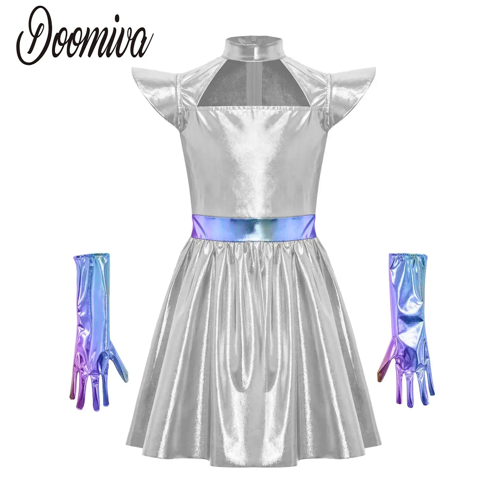 Girls Alien Cosplay Metallic Dress Set for Halloween Cosplay Party Fly Sleeve Zipper Ruffled Tutu Dress Robot Outfit with Gloves
Girls Alien Cosplay Metallic Dress Set for Halloween Cosplay Party Fly Sleeve Zipper Ruffled Tutu Dress Robot Outfit with Gloves