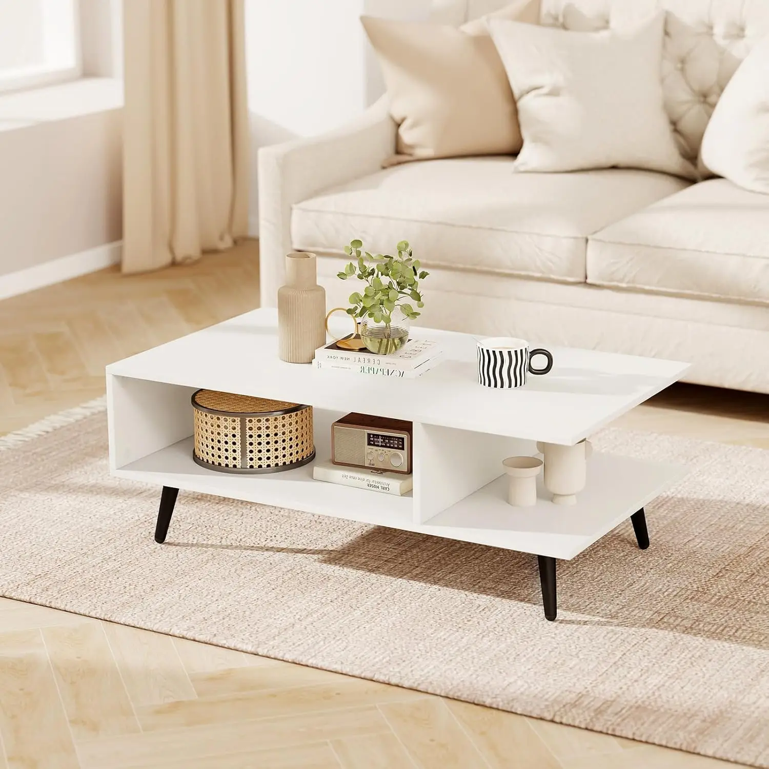 Wood Coffee Table, 2-Tier Mid Century Modern Center Table with 2 Open Storage Compartments & Metal Legs
Wood Coffee Table, 2-Tier Mid Century Modern Center Table with 2 Open Storage Compartments & Metal Legs