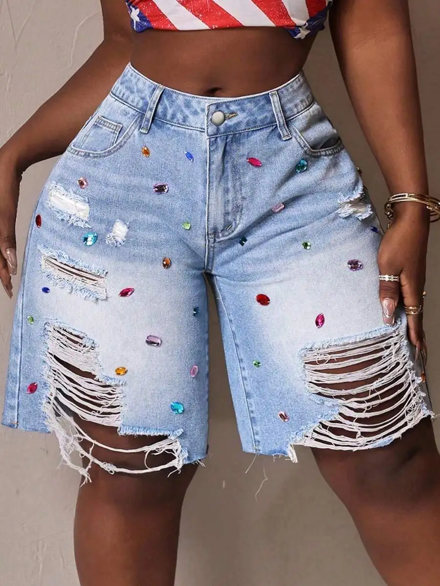 High-Waisted Plus Size Ripped Denim Shorts Featuring Colorful Rhinestones And Functional Pockets
High-Waisted Plus Size Ripped Denim Shorts Featuring Colorful Rhinestones And Functional Pockets