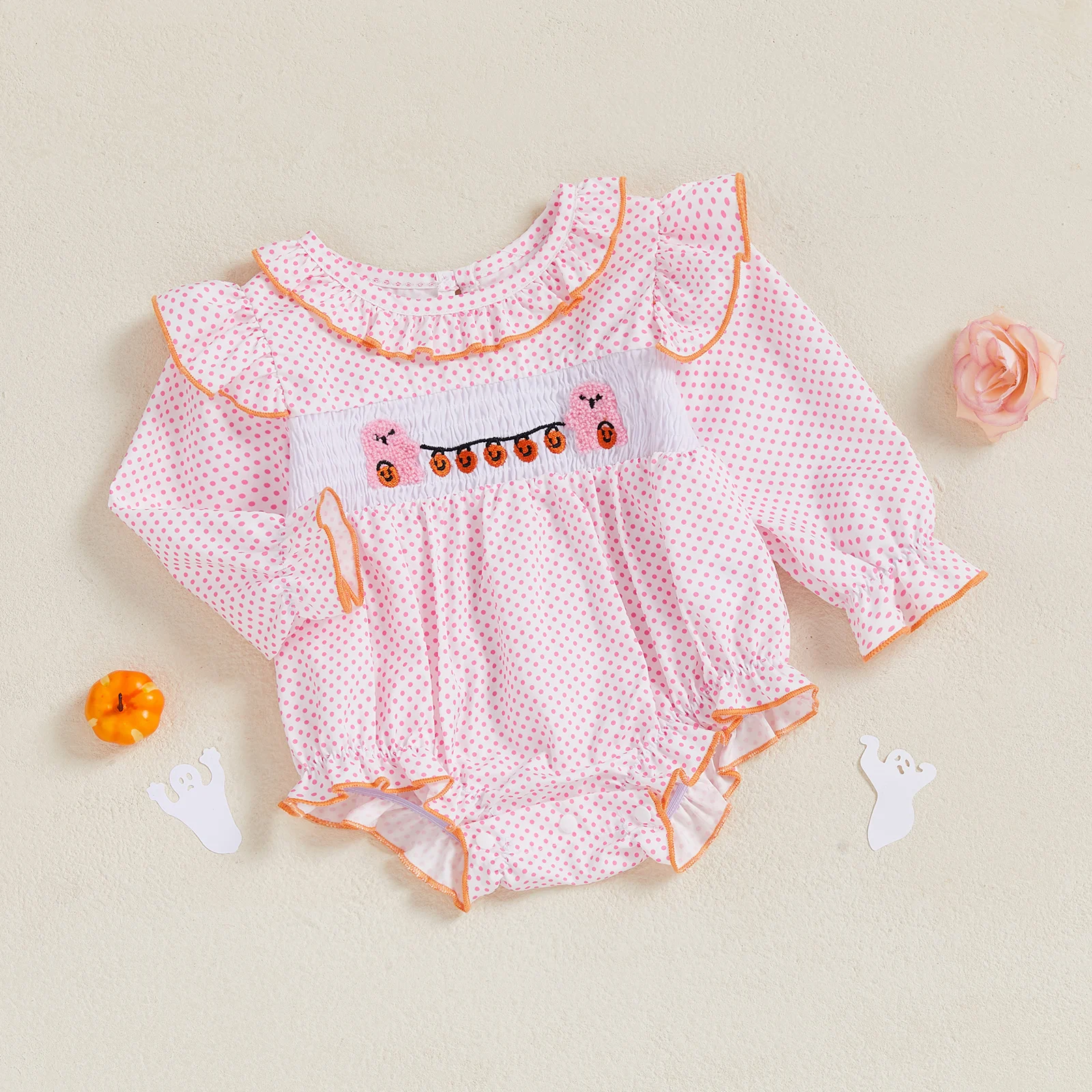 Tregren 0-18M Infant Baby Girl Halloween Romper Pumpkin Ghost Embroidery Dot Print Ruffled Trim Long Sleeve Jumpsuit for Fall
Tregren 0-18M Infant Baby Girl Halloween Romper Pumpkin Ghost Embroidery Dot Print Ruffled Trim Long Sleeve Jumpsuit for Fall