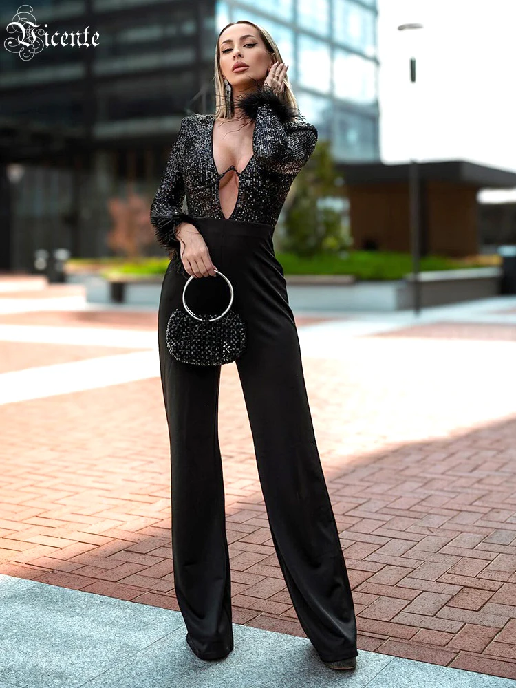 VC Women'S Jumpsuit 2024 Spring New Fashion Long Sleeves Feather Sexy V Neck Black Sequin Jumpsuit High Street Wear
VC Women'S Jumpsuit 2024 Spring New Fashion Long Sleeves Feather Sexy V Neck Black Sequin Jumpsuit High Street Wear
