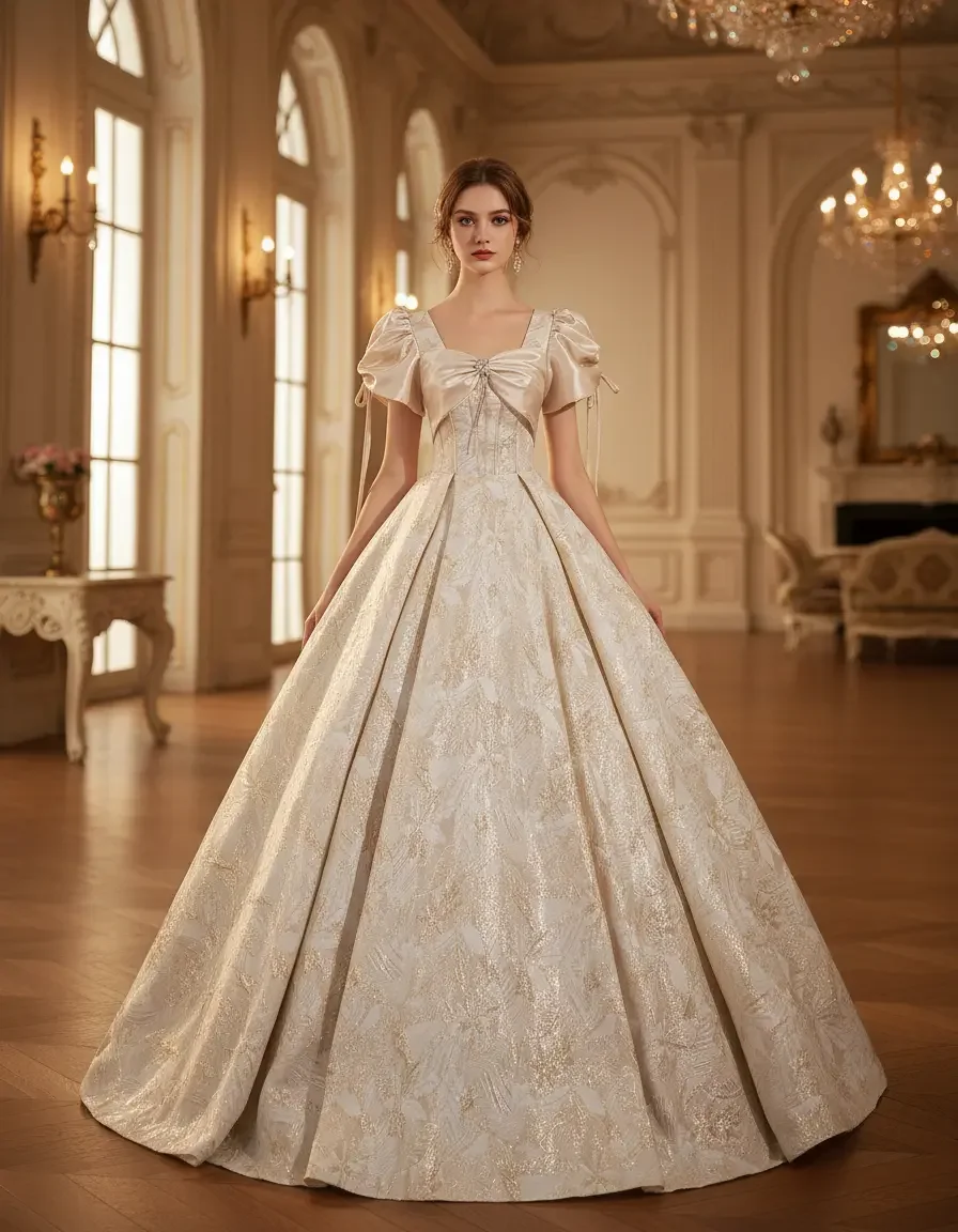 Puff Sleeve Satin Ball Gown with Bow & Jacquard Fabric for Quinceanera, Wedding, Graduation & Formal Events, Free Crinoline
Puff Sleeve Satin Ball Gown with Bow & Jacquard Fabric for Quinceanera, Wedding, Graduation & Formal Events, Free Crinoline