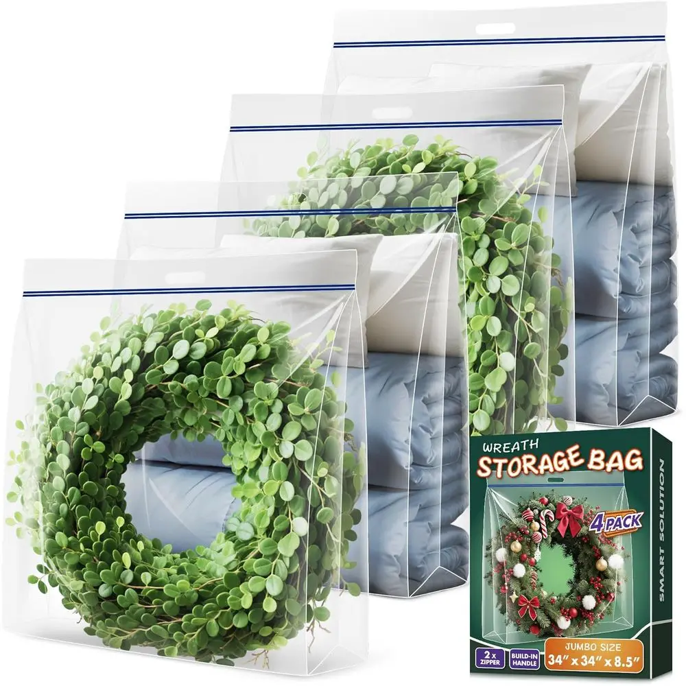 Clear 34x34x8.5 XL Wreath Storage Bag, 4-Pack, with Handle for Seasonal Holiday Wreaths and Garlands
Clear 34x34x8.5 XL Wreath Storage Bag, 4-Pack, with Handle for Seasonal Holiday Wreaths and Garlands