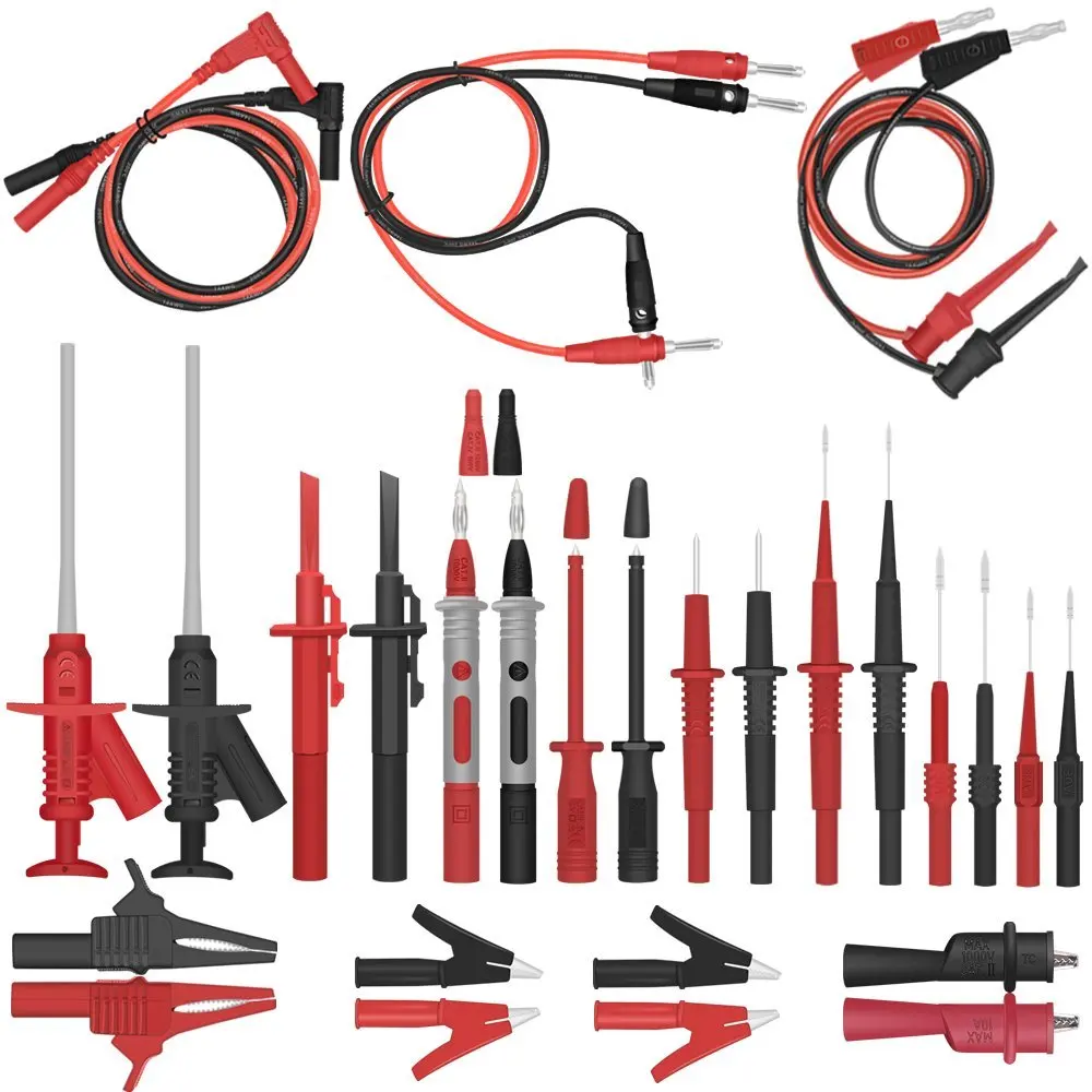 Комплект тестовых проводов мультиметра с автомобильными диагностическими кабелями и тестером аккумуляторов
Комплект тестовых проводов мультиметра с автомобильными диагностическими кабелями и тестером аккумуляторов